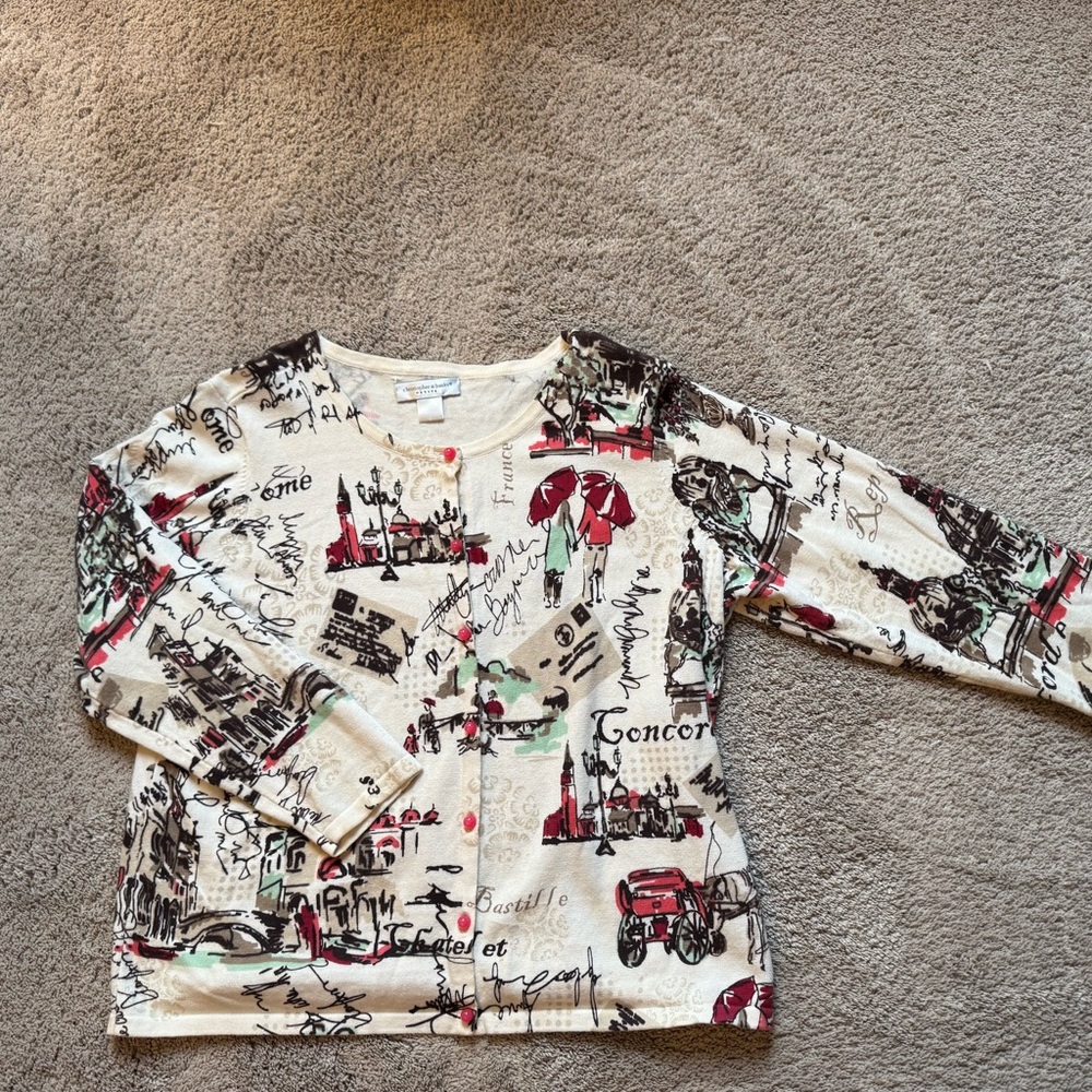 Christopher & Banks Petite Paris Print Button Cardigan Sweater Cream Red Size PM